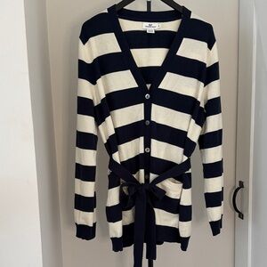 Vineyard Vines Classic Navy & Cream Striped Belted V-Neck Cardigan Wool Cotton